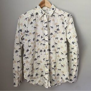 NWT New Loft long sleeve button down blouse safari zebra palm tree leaf XS